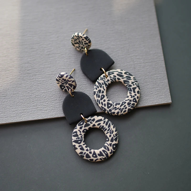Leopard Pattern Polymer Clay Earrings Set 🐆 Multi Shapes Black White Drops ✨
