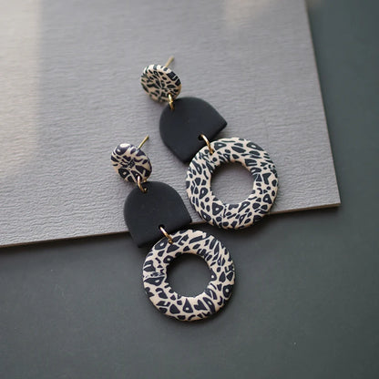 Leopard Pattern Polymer Clay Earrings Set 🐆 Multi Shapes Black White Drops ✨