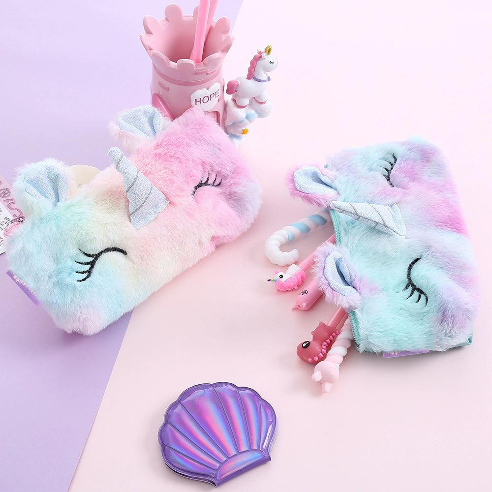 Cute Unicorn Winter Plush Pencil Case 🦄✨ | Kawaii Cartoon Storage Bag for Young Girls 🎀📚
