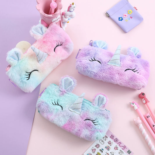 Cute Unicorn Winter Plush Pencil Case 🦄✨ | Kawaii Cartoon Storage Bag for Young Girls 🎀📚