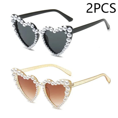 Kawaii Heart-Shaped Shimmering Pearl Sunglasses 💖✨ - Trendy Bling Casual Eyewear for Women 🌸🕶️