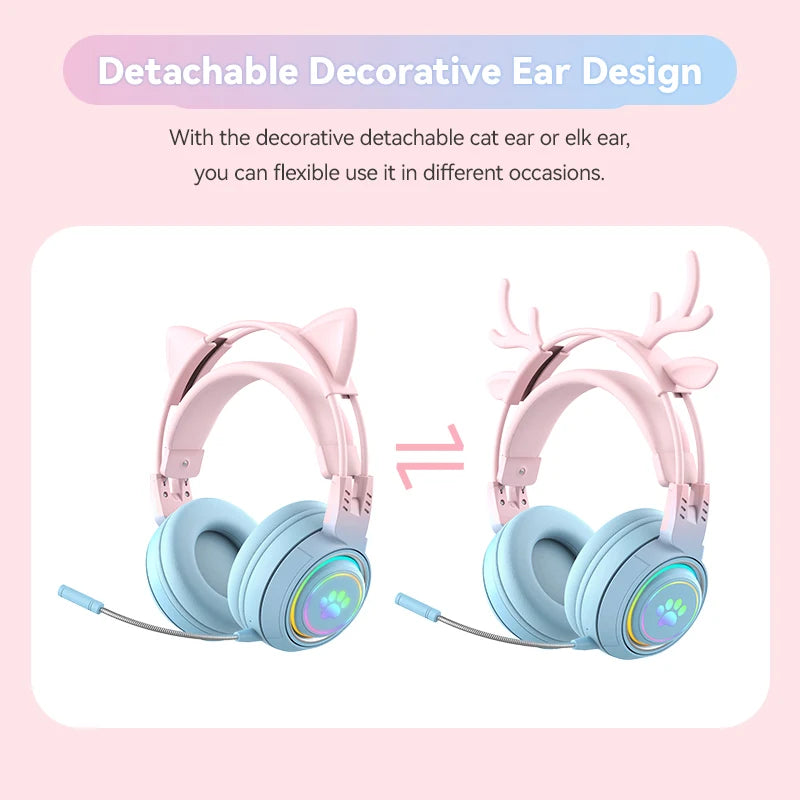 Kawaii Cat Ear Bluetooth Headphones 🎧✨ - Cute Antlers Gaming Headset with RGB Lights for Kids 🐾🦄