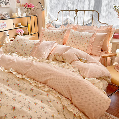 Kawaii 3-Piece Cotton Duvet Cover Set 🌸✨ (Duvet Cover + 2 Pillowcases) - Soft Floral Bedding with Korean Lace 🛏️💖