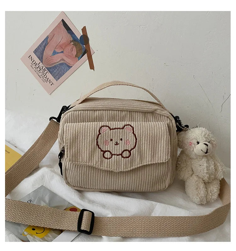 🎀 Cute Teddy Bear Corduroy Crossbody Bag 🐻✨ - Personalized Kawaii Shoulder Tote - Pixie Quill