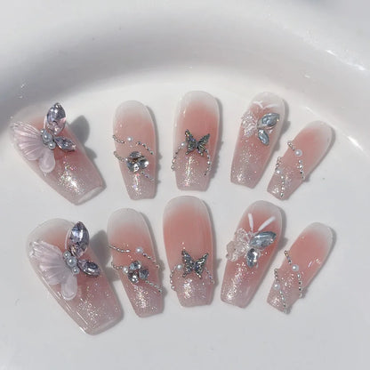 Kawaii Shimmering 10Pcs Handmade Press-On Nails ✨💖 Bowknot Design Coffin Style - Cute & Elegant Full Cover Nail Tips!