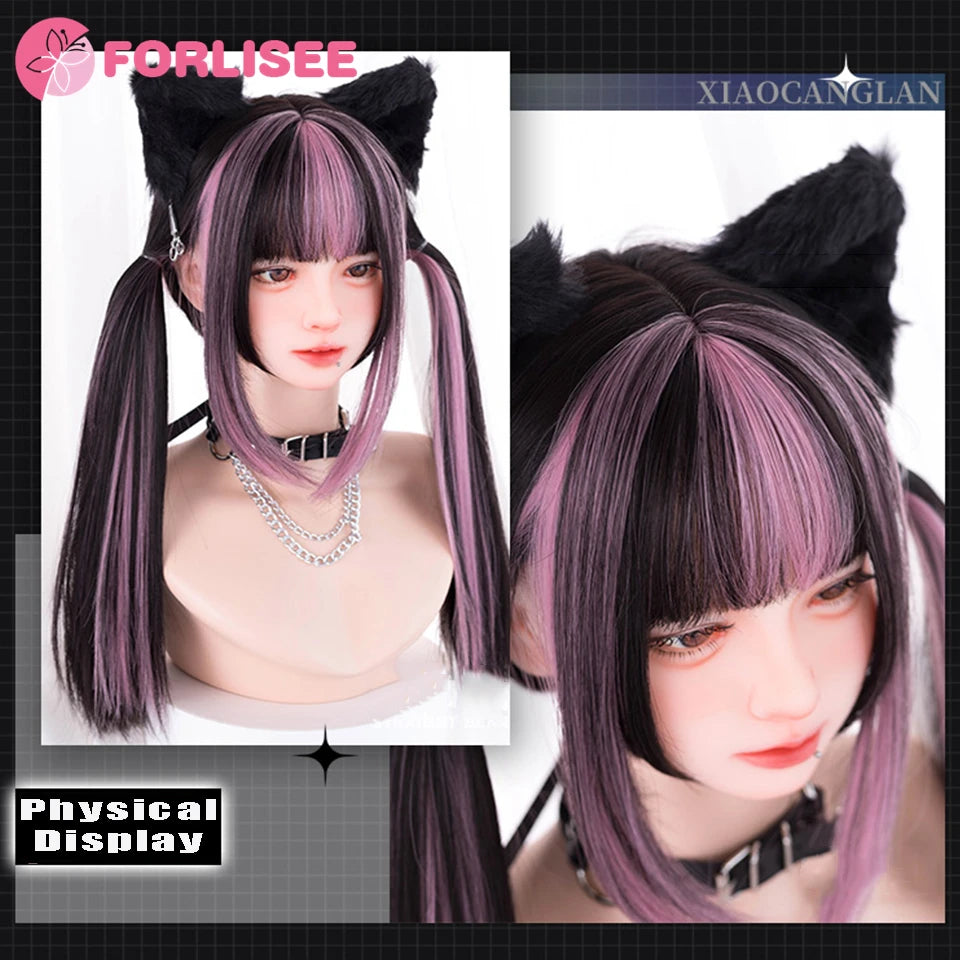 Kawaii Magic! 🌸✨ FORLISEE Black & Pink Long Straight Wig with Bangs - Perfect for Cosplay & Sweet Lolita Looks! 💖🎀