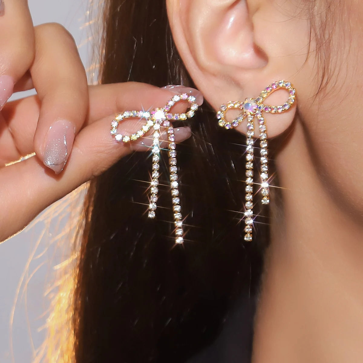 Kawaii Charm ✨ Colorful Rhinestone Bow Dangle Earrings with Long Tassels 🌈 Cute Sparkly Jewelry for Women