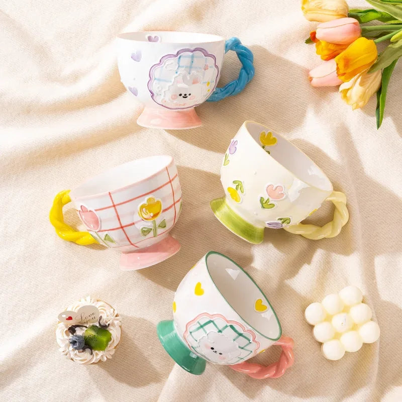 Charming Kawaii 450ml Hand-Painted Ceramic Mug ☕️✨ Cute Breakfast Oatmeal Cup for Joyful Mornings! 🎉
