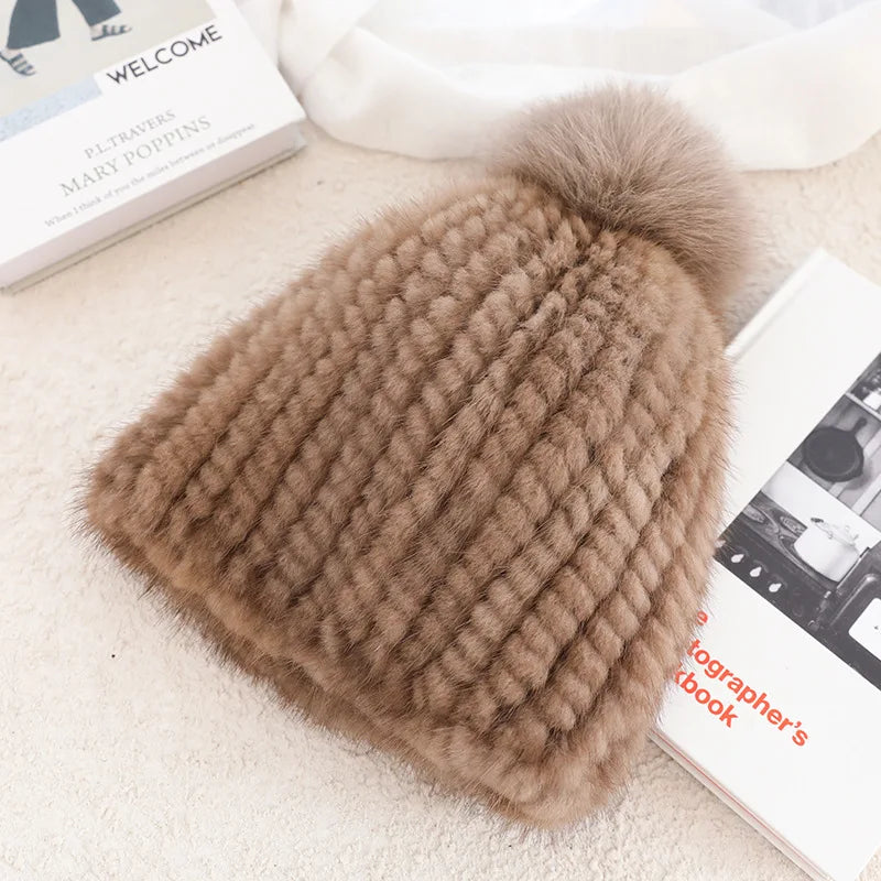 Fluffy Real Mink Fur Hat For Women With Fox Fur Pom Poms ❄️ Cozy Winter Beanie