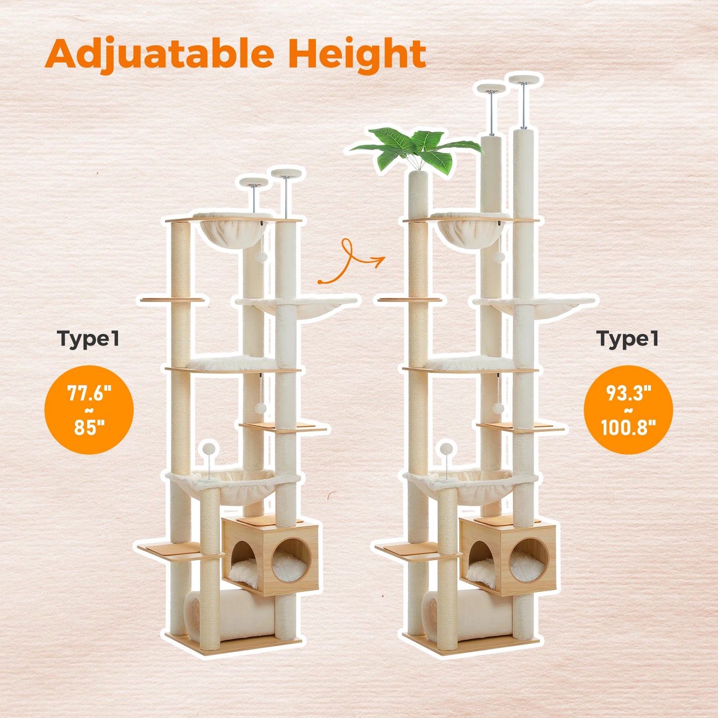 Whimsical Height Adjustable Wooden Cat Tree With Hammock And Sisal Posts 🐾 Tower
