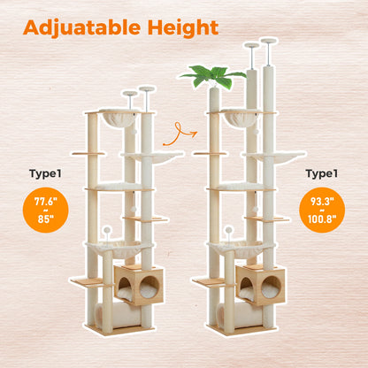 Whimsical Height Adjustable Wooden Cat Tree With Hammock And Sisal Posts 🐾 Tower