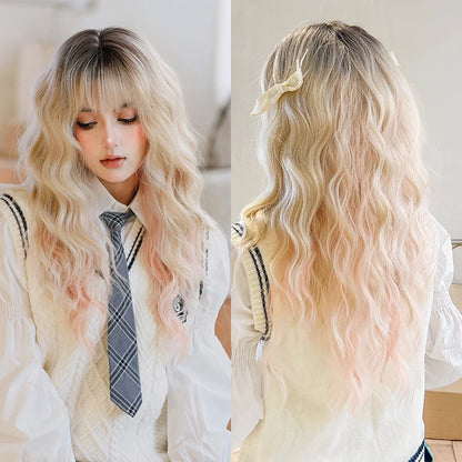 Kawaii Dreamy Sakura Pink Wavy Wig 🌸✨ | High-Density Curly Hair with Bangs for Sweet Girls 💖🎀