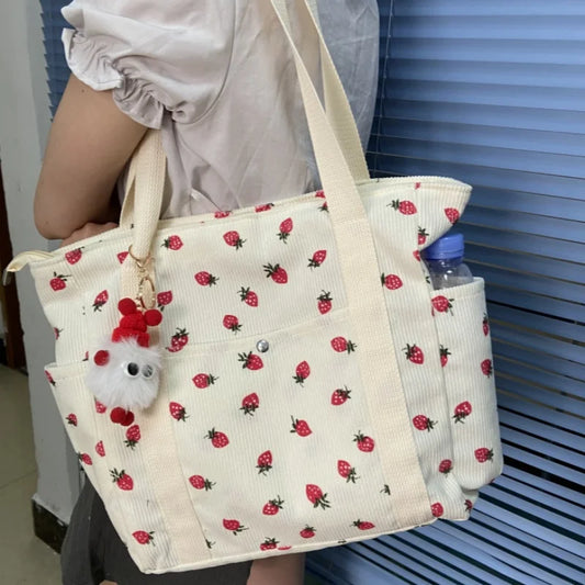 🍓 Adorable Strawberry Corduroy Shoulder Bag 🎒 Stylish & Spacious Classroom Tote! 🌸 - Pixie Quill