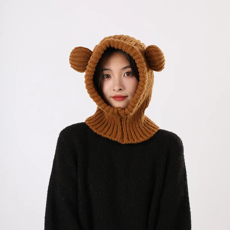 Y2K Winter Knit Balaclava Hat For Women 🐻 Cute Bear Beanie Hooded Scarf
