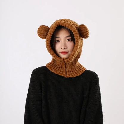 Y2K Winter Knit Balaclava Hat For Women 🐻 Cute Bear Beanie Hooded Scarf