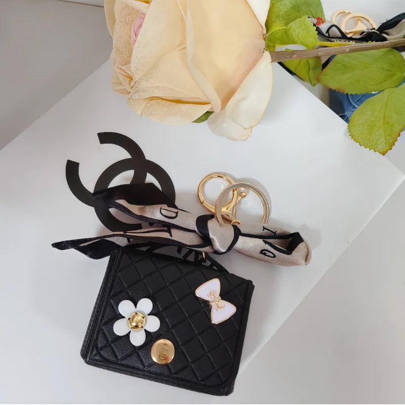 Korean Floral Bow Earphone Storage Keychain Bag Charm Leather Coin Purse 💖👜