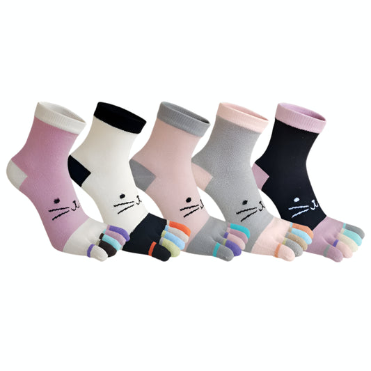 Kawaii Cat Cartoon Five Finger Socks 🐾🎨 | Soft & Colorful Women's Toe Socks for All Seasons 🌈✨