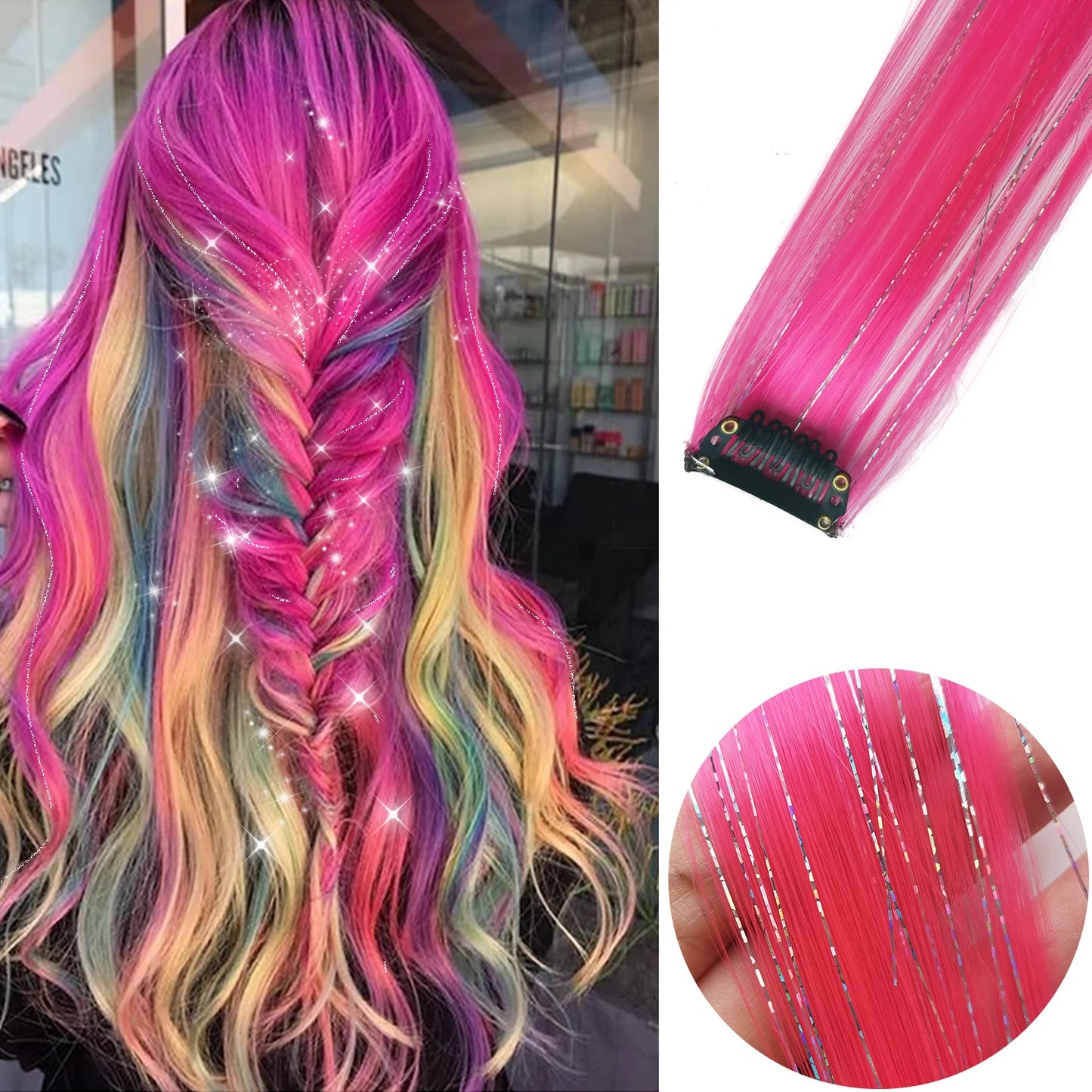 🌈✨ 6 Colorful Clip-In Hair Strands for Fun Party Looks - 22" Rainbow Dream Extensions! 🎉💖 - Pixie Quill