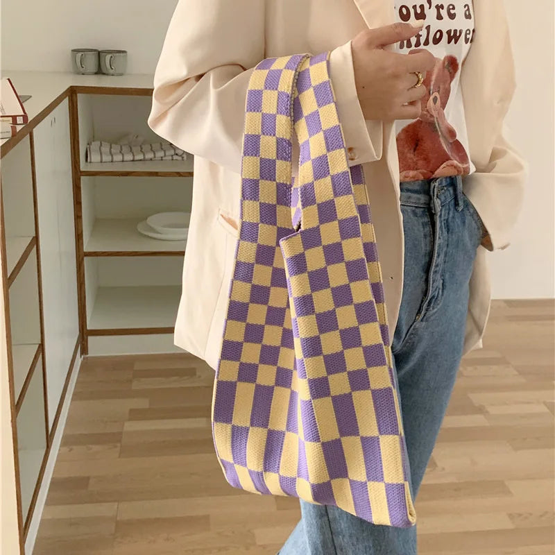 💕 Cozy Checker Chic Tote 👜✨ Large Capacity Knitted Bag for Trendy Adventures! 🌟 - Pixie Quill