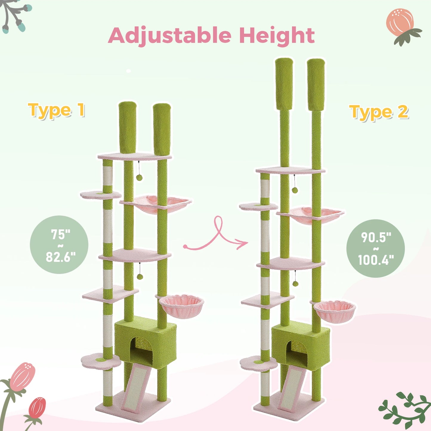Cactus Cat Tree Floor To Ceiling Tower With Adjustable Height And Hammock 🐱🐾