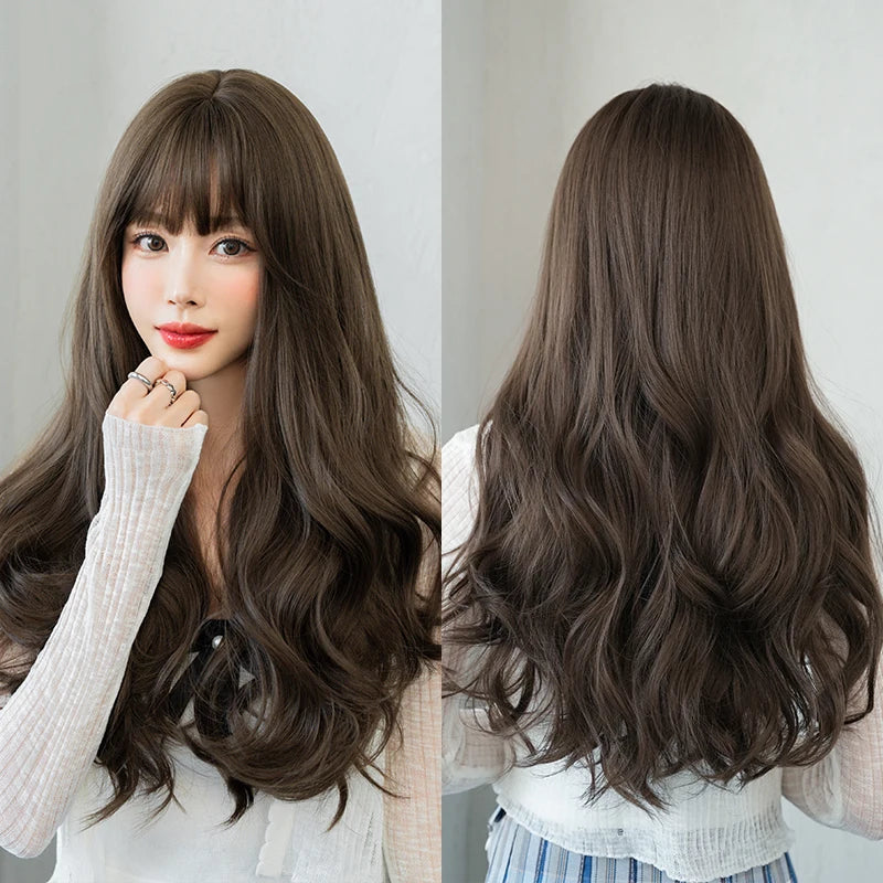 Kawaii Dreamy Sakura Pink Wavy Wig 🌸✨ | High-Density Curly Hair with Bangs for Sweet Girls 💖🎀