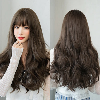 Kawaii Dreamy Sakura Pink Wavy Wig 🌸✨ | High-Density Curly Hair with Bangs for Sweet Girls 💖🎀