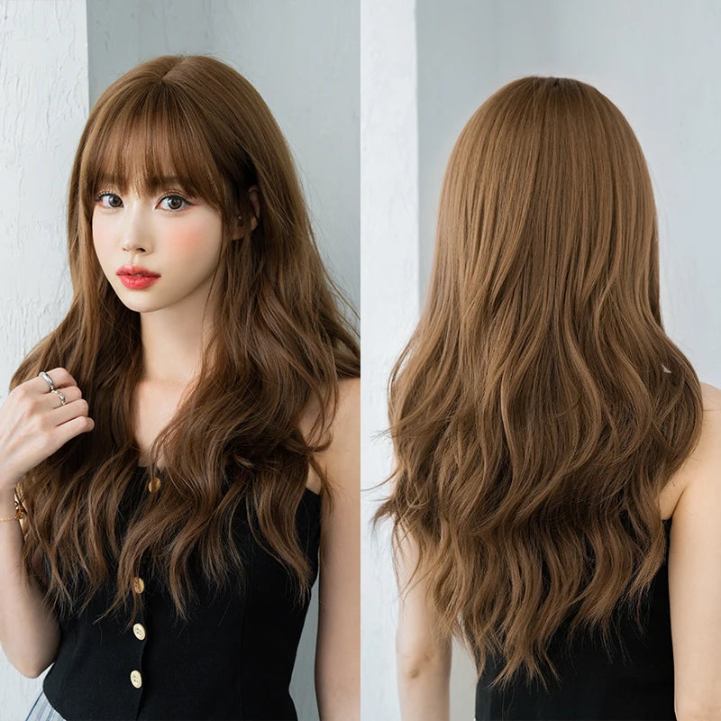 Kawaii Dreamy Sakura Pink Wavy Wig 🌸✨ | High-Density Curly Hair with Bangs for Sweet Girls 💖🎀