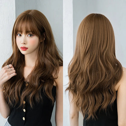Kawaii Dreamy Sakura Pink Wavy Wig 🌸✨ | High-Density Curly Hair with Bangs for Sweet Girls 💖🎀
