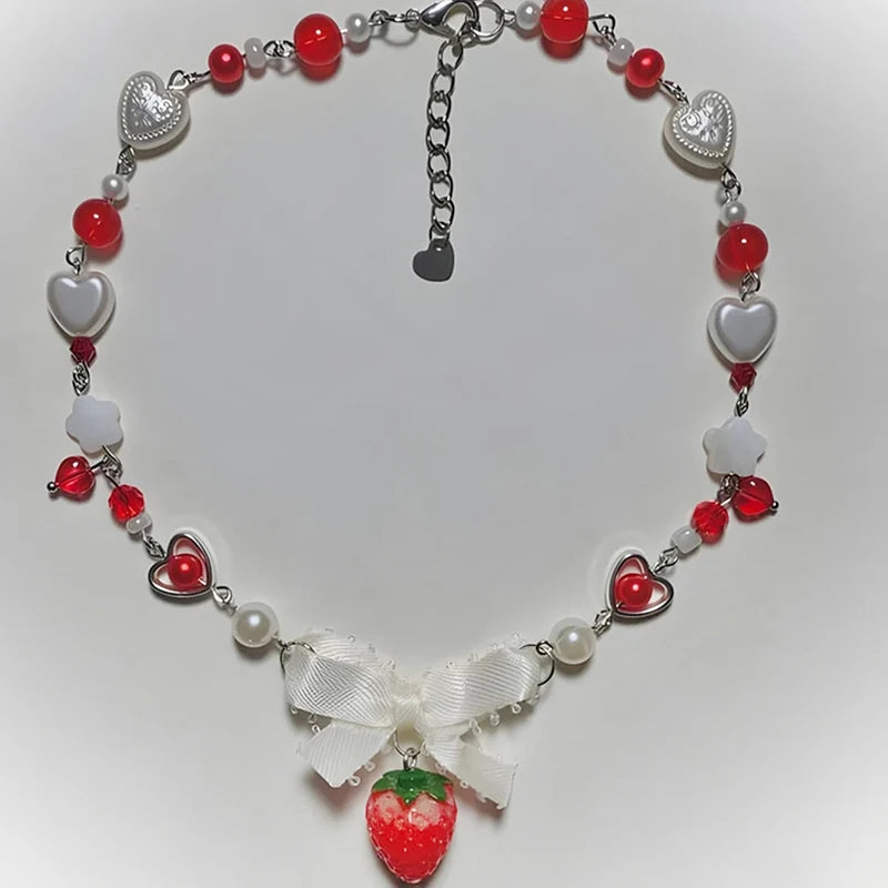 Kawaii Love Heart Strawberry Pendant Necklace 🍓💕 - Sweet & Trendy Jewelry for Women, Perfect Party Gift!