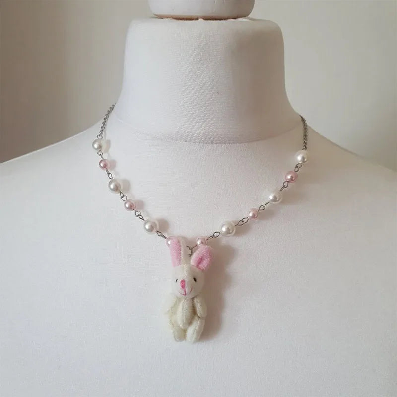 Kawaii Bunny Plush Pendant Necklace 🐰✨ - Adorable Y2K Fashion Accessory!