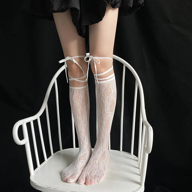 Street Split Toe Socks Strappy Lace Fishnet Stockings Cool JK Girl Knee Socks Japanese Lolita Jk Long Knee High Socks Lolita - Pixie Quill