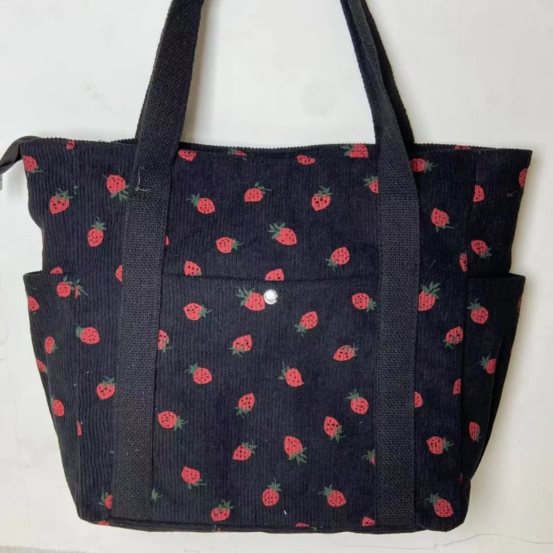 🍓 Adorable Strawberry Corduroy Shoulder Bag 🎒 Stylish & Spacious Classroom Tote! 🌸 - Pixie Quill