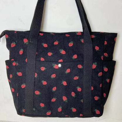 🍓 Adorable Strawberry Corduroy Shoulder Bag 🎒 Stylish & Spacious Classroom Tote! 🌸 - Pixie Quill