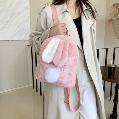 Kawaii Personalized Plush Backpack 🐰✨ - Adorable Rabbit Ears for Women | Cozy Winter Style | Custom Embroidery Available! 👜💖