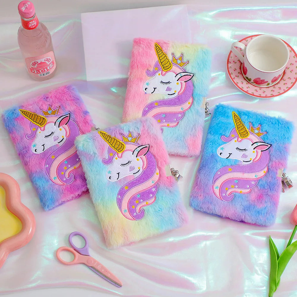 Kawaii Unicorn Plush Lockable Diary ✨🌈 - Magical Notebook for Kids! 🦄📖