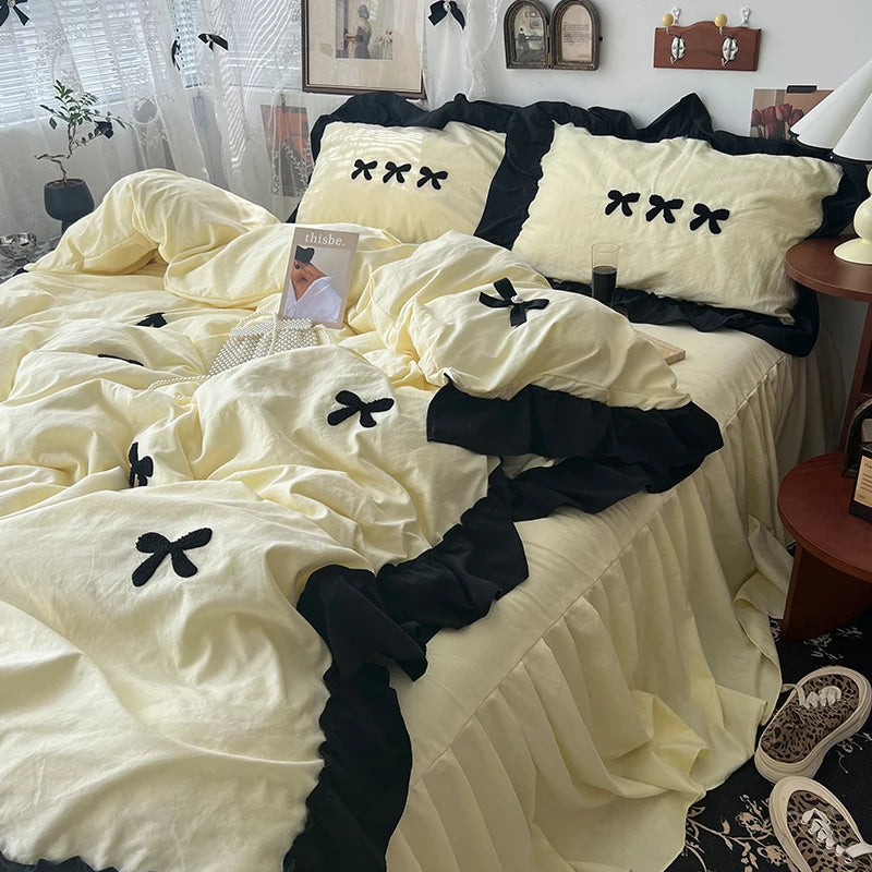 Kawaii Princess Black Bow Bedding Set 🖤✨ Soft Cotton Duvet Cover & Pillowcases for Dreamy Sleep 💤🌸