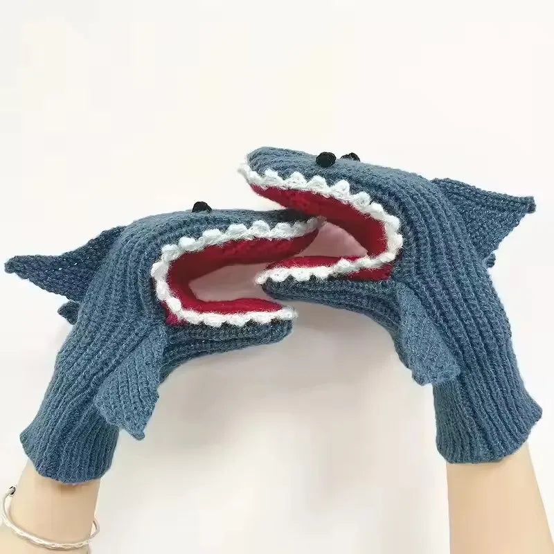 Shark Knit Gloves For Adults Unisex Cartoon Winter Warmth High Elasticity 🦈🧤