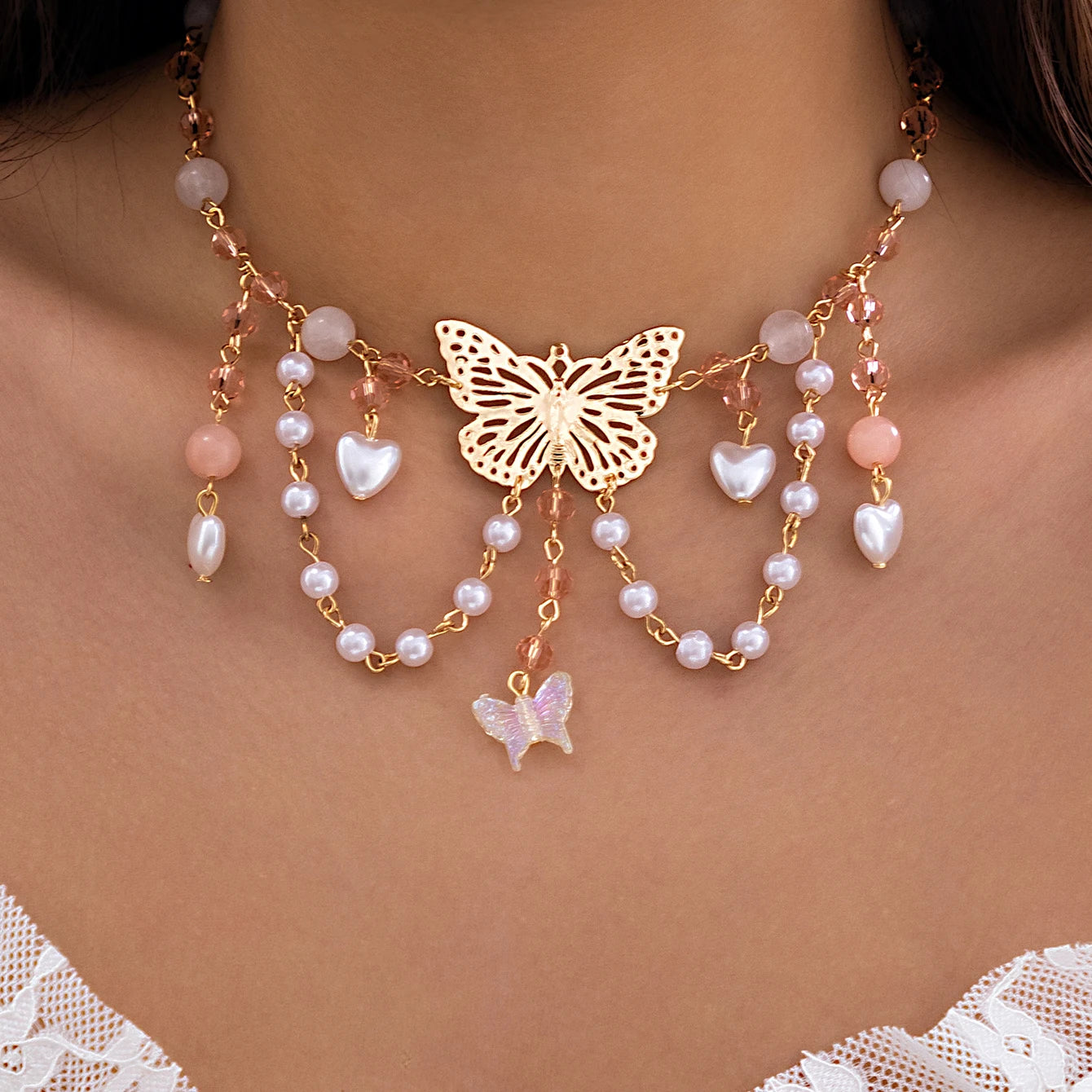 Kawaii Butterfly Love Heart Pendant Necklace ✨🌸 | Y2K Choker with Imitation Pearls & Tassel Charm for Women 🦋💕