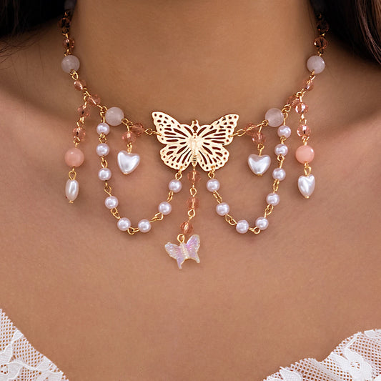 Kawaii Butterfly Love Heart Pendant Necklace ✨🌸 | Y2K Choker with Imitation Pearls & Tassel Charm for Women 🦋💕