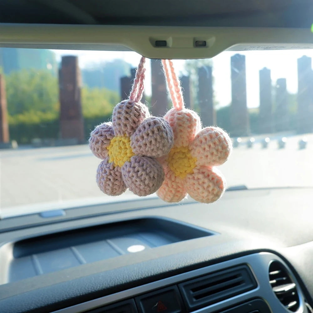 Kawaii Crochet Flower Car Mirror Charm 🌸✨ | Adorable Waffle Flower Hanging Accessory for Good Vibes! 🚗💖