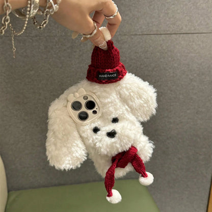 Kawaii Plush Puppy Hat & Scarf Phone Case for iPhone 16 Pro Max 🐶✨ Cute & Cozy Cell Phone Accessory!