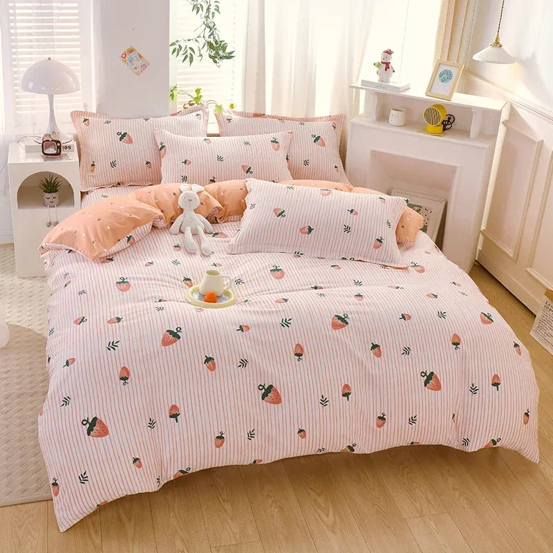 Adorable Strawberry Dreams Reversible Kawaii Bedding Set 🍓✨ Soft Cotton Duvet Cover with Pillowcases