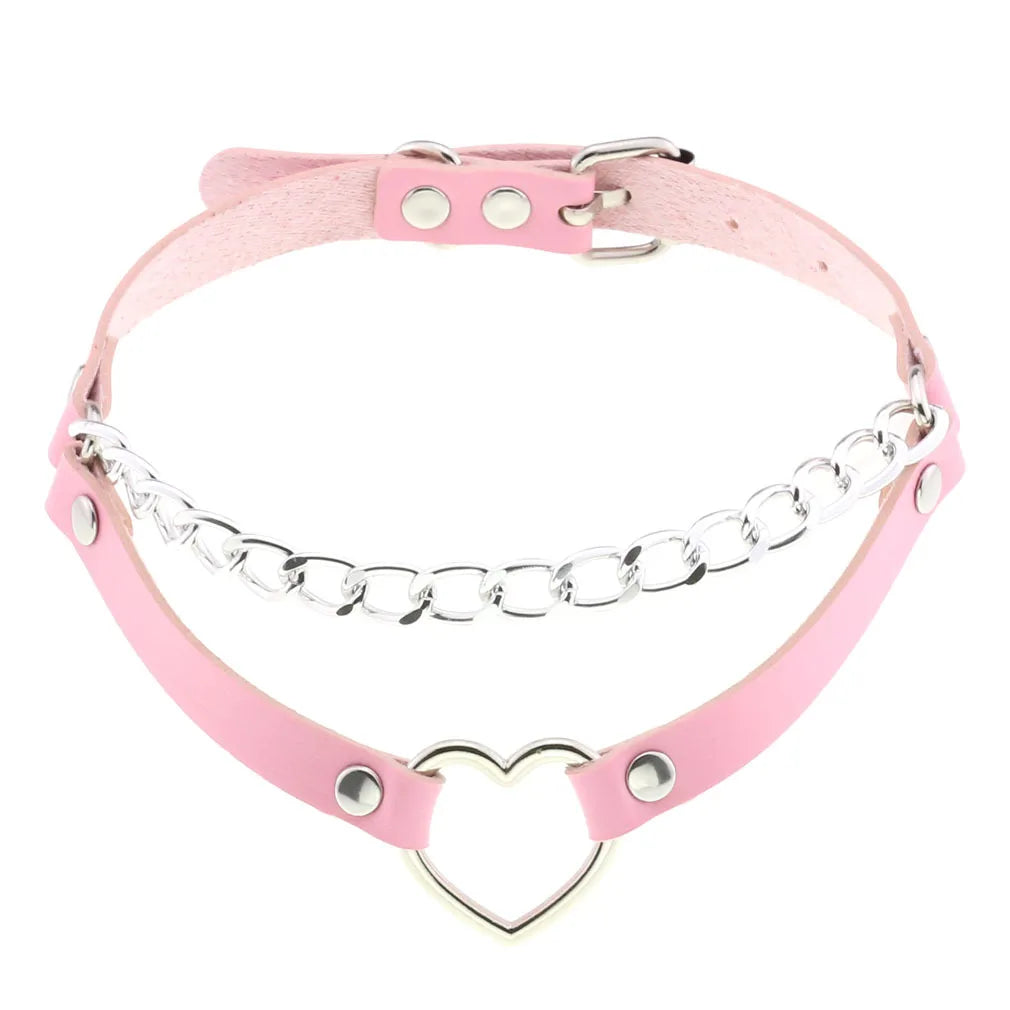 Pink Lace Leather Choker With Heart Pendant, Punk Gothic Style ✨💗