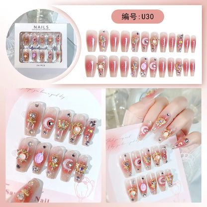 Kawaii Blush Pink 3D Bowknot & Pearl Press-On Nails 💖✨ | 24pcs Adorable Fake Nail Tips for Cute DIY Manicures!