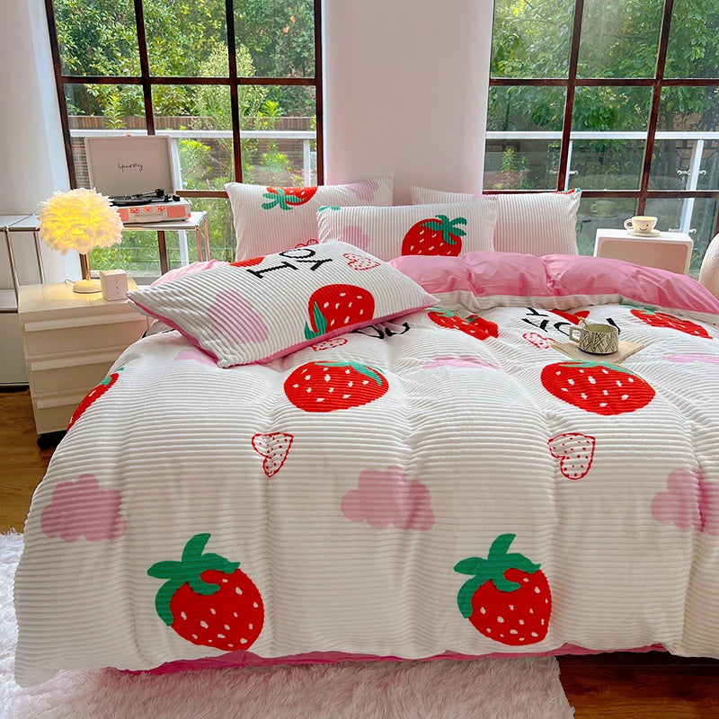Kawaii Strawberry Dreams Duvet Set 🍓✨ Fluffy Reversible Bedding & Pillowcases! 🌈💤