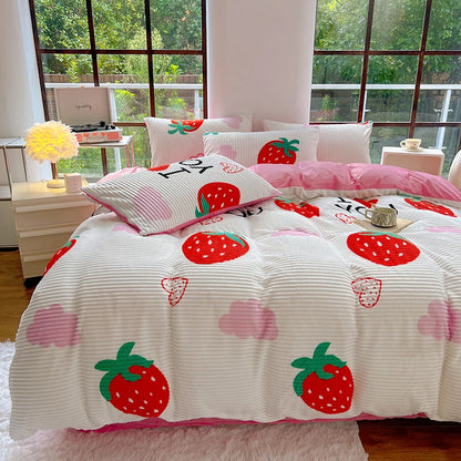 Kawaii Strawberry Dreams Duvet Set 🍓✨ Fluffy Reversible Bedding & Pillowcases! 🌈💤