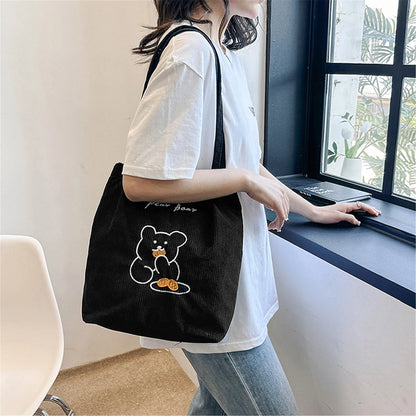 Kawaii Bear Corduroy Tote Bag - Whimsical and Foldable Shopping Companion! 🐻✨