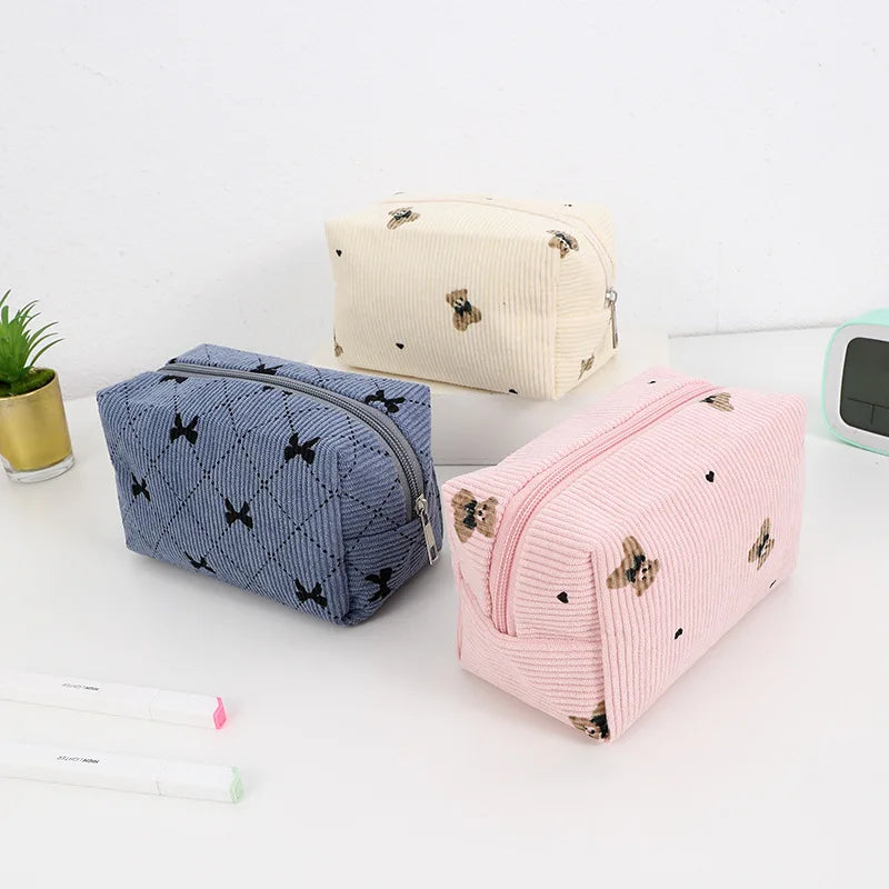 Kawaii Corduroy Makeup Pouch 🎀 | Adorable Travel Cosmetic Bag for Lipsticks & Skincare ✨ | Cute Organizer for Women & Girls 💖