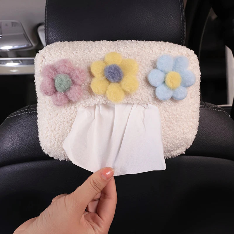 Kawaii Cloud & Flower Plush Tissue Box Holder 🌸☁️ - Adorable Car Napkin Organizer for Back Seat & Armrest! 🚗✨