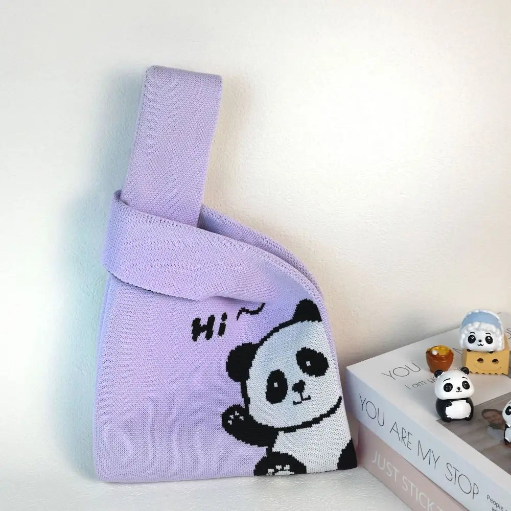 🐼 Adorable Panda Knit Tote 👜 Handmade High-Capacity Wrist Bag for Students ✨ - Pixie Quill